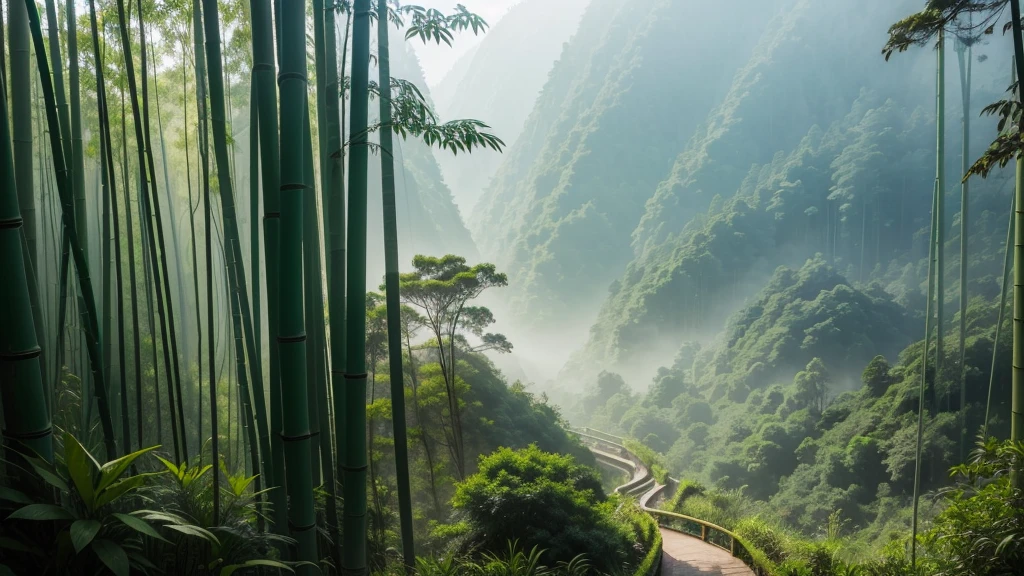This photo depicts a small trail through a lush bamboo forest, extending deep into the mountain landscape. The high mountains are covered with thick mist, creating a magical and poetic scene. Tall, vertical bamboo trees along the path create a natural fence, contributing to enhancing the natural beauty and tranquility of the area.