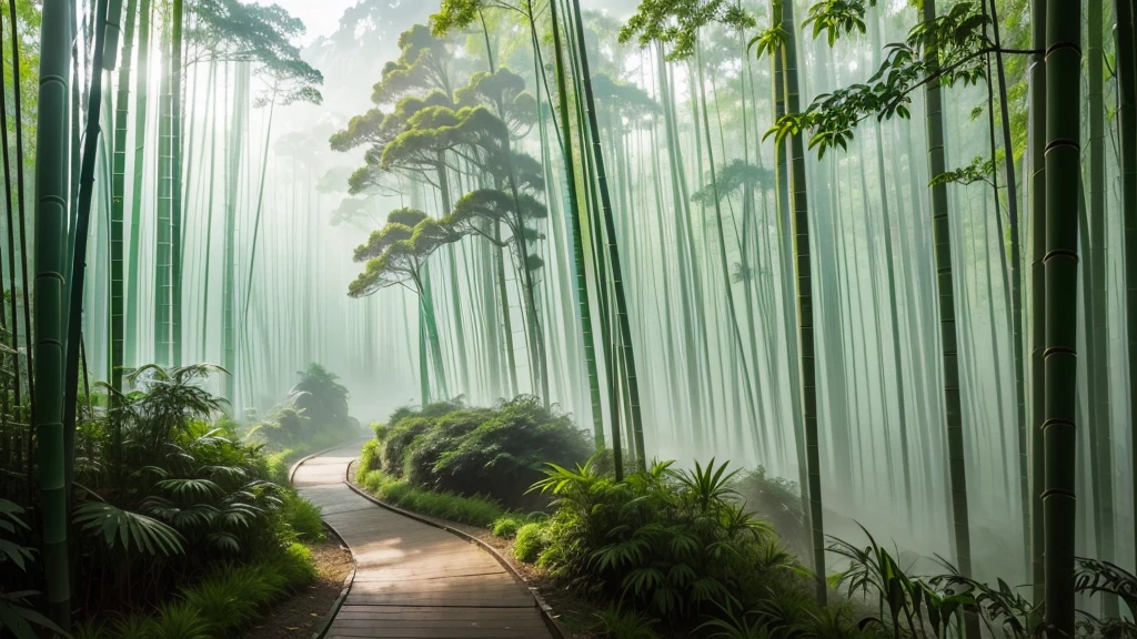 This photo depicts a small trail through a lush bamboo forest, extending deep into the mountain landscape. The high mountains are covered with thick mist, creating a magical and poetic scene. Tall, vertical bamboo trees along the path create a natural fence, contributing to enhancing the natural beauty and tranquility of the area.