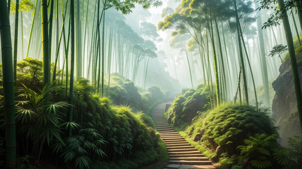 This photo depicts a small trail through a lush bamboo forest, extending deep into the mountain landscape. The high mountains are covered with thick mist, creating a magical and poetic scene. Tall, vertical bamboo trees along the path create a natural fence, contributing to enhancing the natural beauty and tranquility of the area.