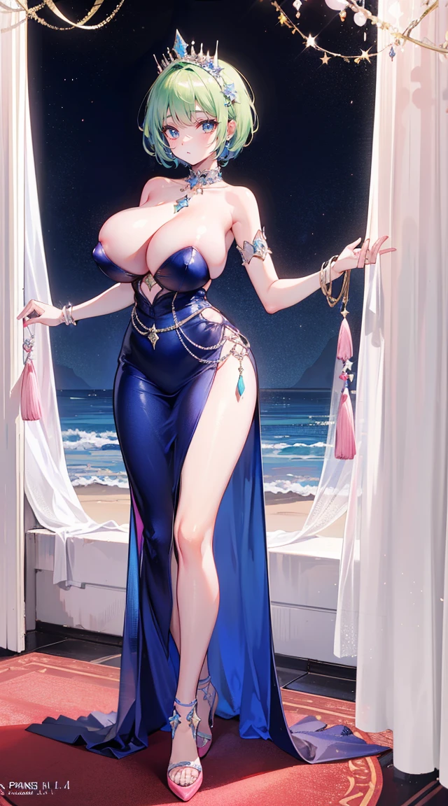 beautiful woman，smile，(light green short hair)，nobility，(princess)，blue student，Tall figure，((Strapless dress))，low skirt，(Star evening dress)，lolita skirt，Show your legs，Crystal heels，red carpet，prom website，(nobility)，(big tits),big breasts,Show your breasts,The cracks are clear...,((big tits))，(pubic bone), rift, visible chest, ((bare breast:1.37)), I see bulging nipples.,(((large areolae:1.4,pink,The nipples are clearly visible.....))),
