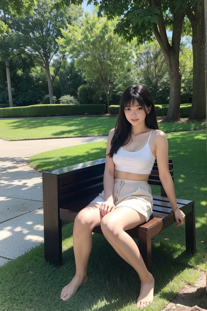 young, woman, outdoor, setting, kneeling, on, white, lounge, chair, wearing, dark, tank, top, no, bra, long, black, hair, side-swept, bangs, natural, makeup, soft, expression, smooth, light, skin, large, dark, eyes, slightly, smiling, lips, sunlit, scene, green, bushes, trees, background, bright, lighting, sunshine, shadows, on, ground, relaxed, pose, barefoot, casual, attire, comfortable, atmosphere, 90s, style, nostalgic, vibe, summer, day, outdoor, furniture, contrast, between, light, and, shade, healthy, glow, youthful, appearance, confident, look.a woman sitting on a chair in a park, a polaroid photo by Nagasawa Rosetsu, pixiv, neogeo, 1990s, 32k uhd, lovely