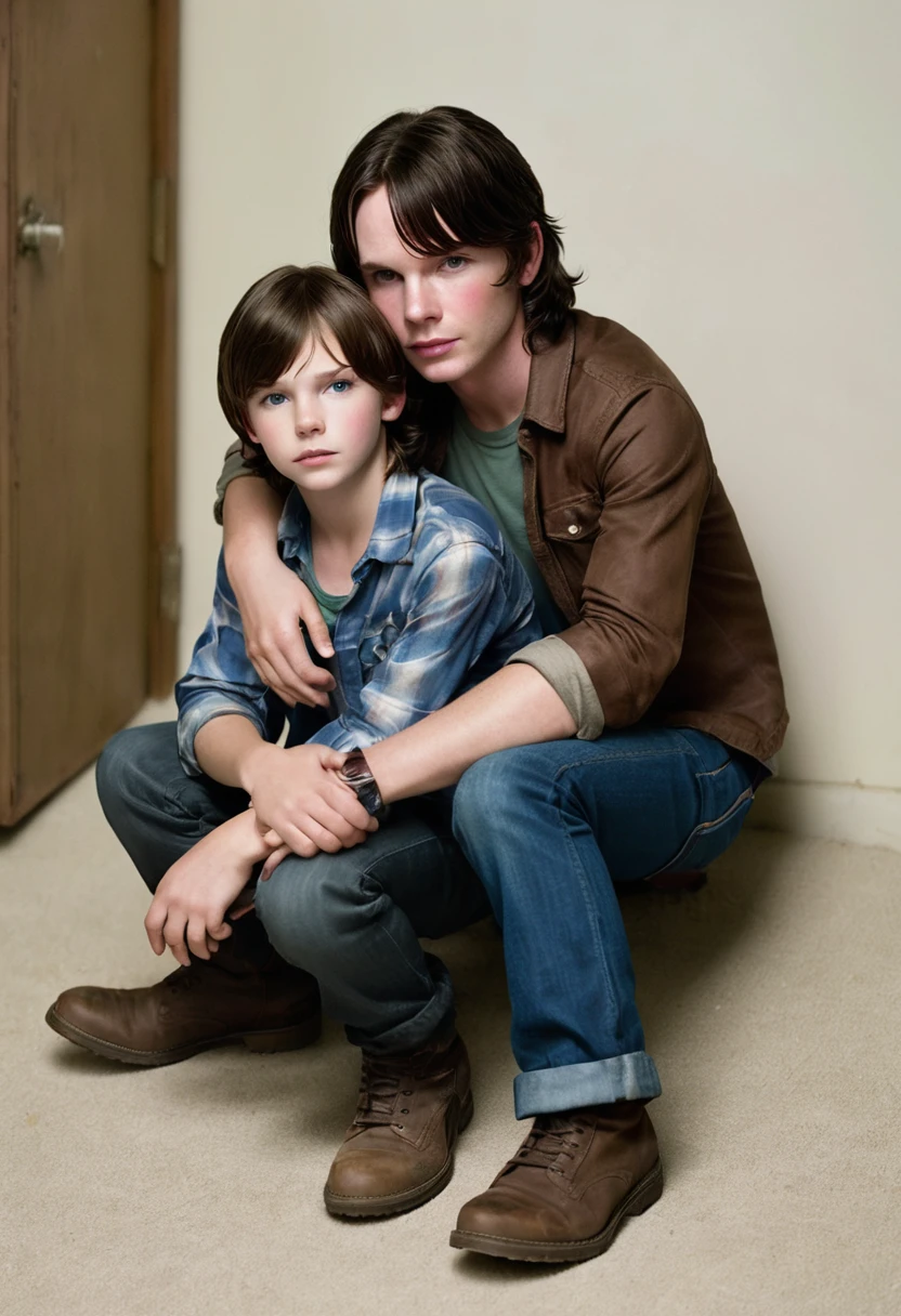 Realistic Carl Grimes in The Walking Dead series, sitting on the floor at night with a slightly feminine boy with green eyes and brown hair, and the two holding hands
