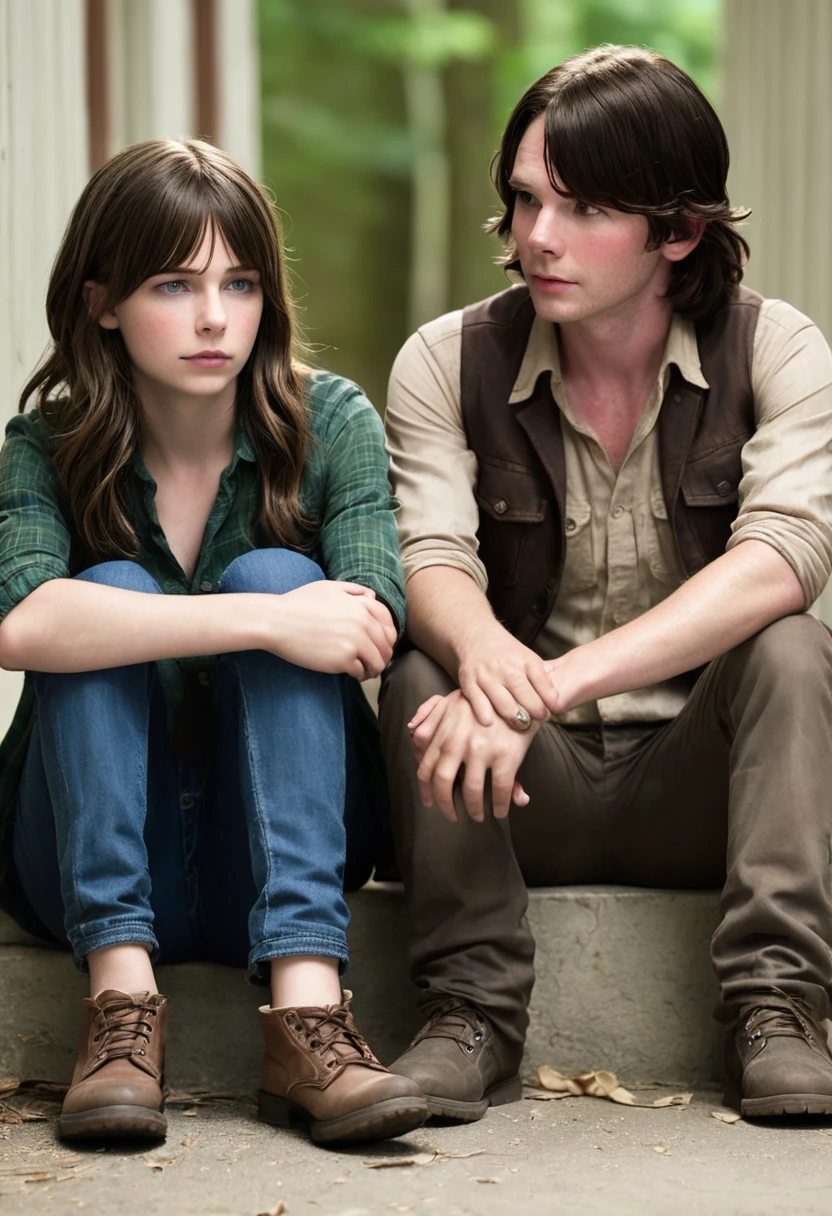 Realistic Carl Grimes in The Walking Dead series, sitting on the floor at night with a slightly feminine boy with green eyes and brown hair, and the two holding hands