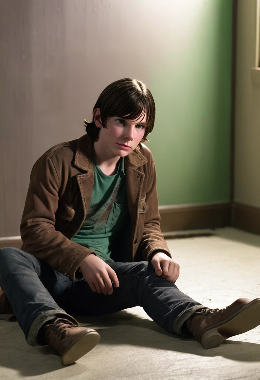 Realistic Carl Grimes in The Walking Dead series, sitting on the floor at night with a slightly feminine boy with green eyes and brown hair, and the two holding hands