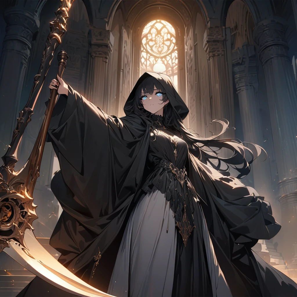 one beautiful Germans girl's Grim Reaper,teenagers,wearing robe,She's standing with a scythe,Look in here,luxury,(((masterpiece))), (((best quality))), ((ultra-detailed)), (illustration), (detailed light),((an extremely delicate and beautiful)),(beautiful detailed eyes),