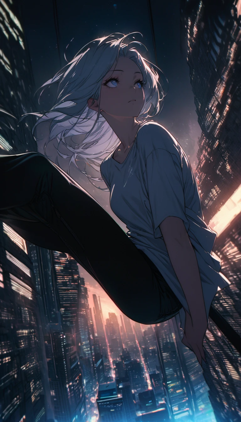 Highest quality, Super quality, 16K, Incredibly absurd, Very detailed, Beautiful woman sitting on a trapeze suspended between two skyscrapers, Gazing into the distance, Wear a loose long T-shirt, Captivating look, Wind, Wind-effect, moonlit nightscape, (Nice views:1.1) , Clockpunk