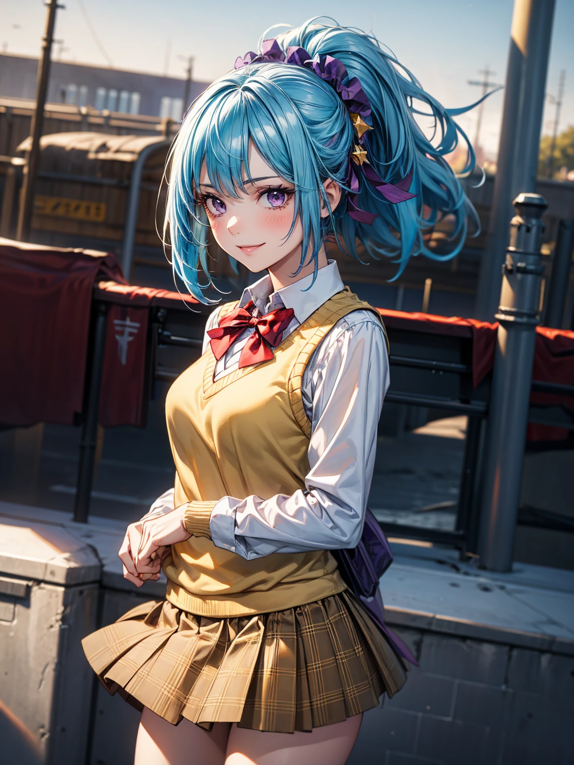 Very detailed, highest quality, masterpiece, gravure body type, medium breasts, moody angle, cowboy shot,( 1girl, solo:1.5),  smile, kurumu, purple eyes, blue hair, short hair, ponytail, yellow sweater vest, white shirt,green plaid skirt, red bow, necktie, purple headdress, star \(symbol\), purple hair ribbon, very detailed background, outdoors, outdoors, nature, wind, School zone