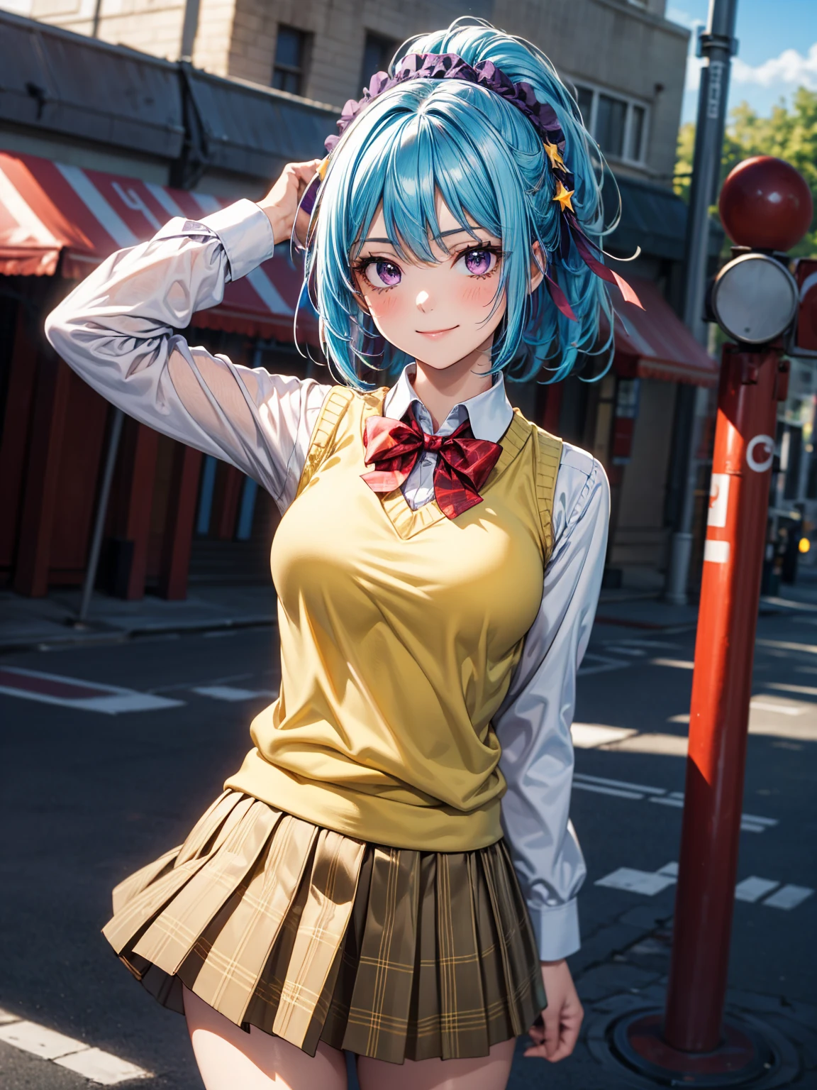 Very detailed, highest quality, masterpiece, gravure body type, medium breasts, moody angle, cowboy shot,( 1girl, solo:1.5),  smile, kurumu, purple eyes, blue hair, short hair, ponytail, yellow sweater vest, white shirt,green plaid skirt, red bow, necktie, purple headdress, star \(symbol\), purple hair ribbon, very detailed background, outdoors, outdoors, nature, wind, School zone