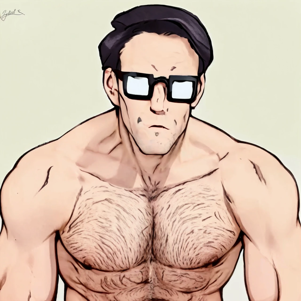 A muscular and attractive man, he doesn&#39;t wear a shirt, use glasses, He has a hairy chest and strong arms 