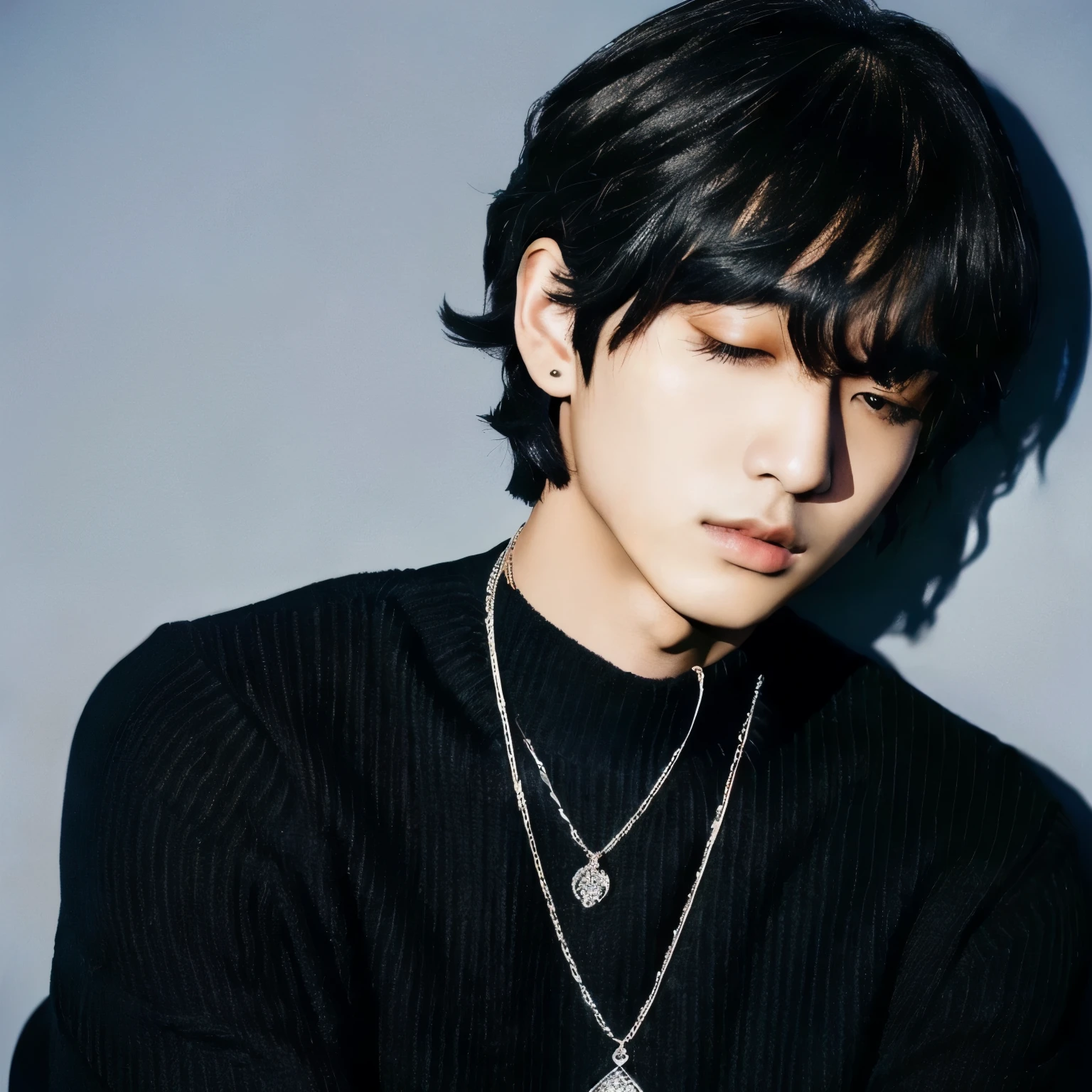 mushroom cut,Hairstyle that covers the eyes,Arabian Asian man wearing a black sweater and a chain necklace, The boy has short black hair, male Ulzzang, Hyuntae, Short hair, Jungkook, Kim Do-young, Cai Xukun, Hong Jun hyung, Ulzzang, black haired yoongi, 1. The thin face of a 7--old , Kim Tae-jun, Inspired by Kun Kang