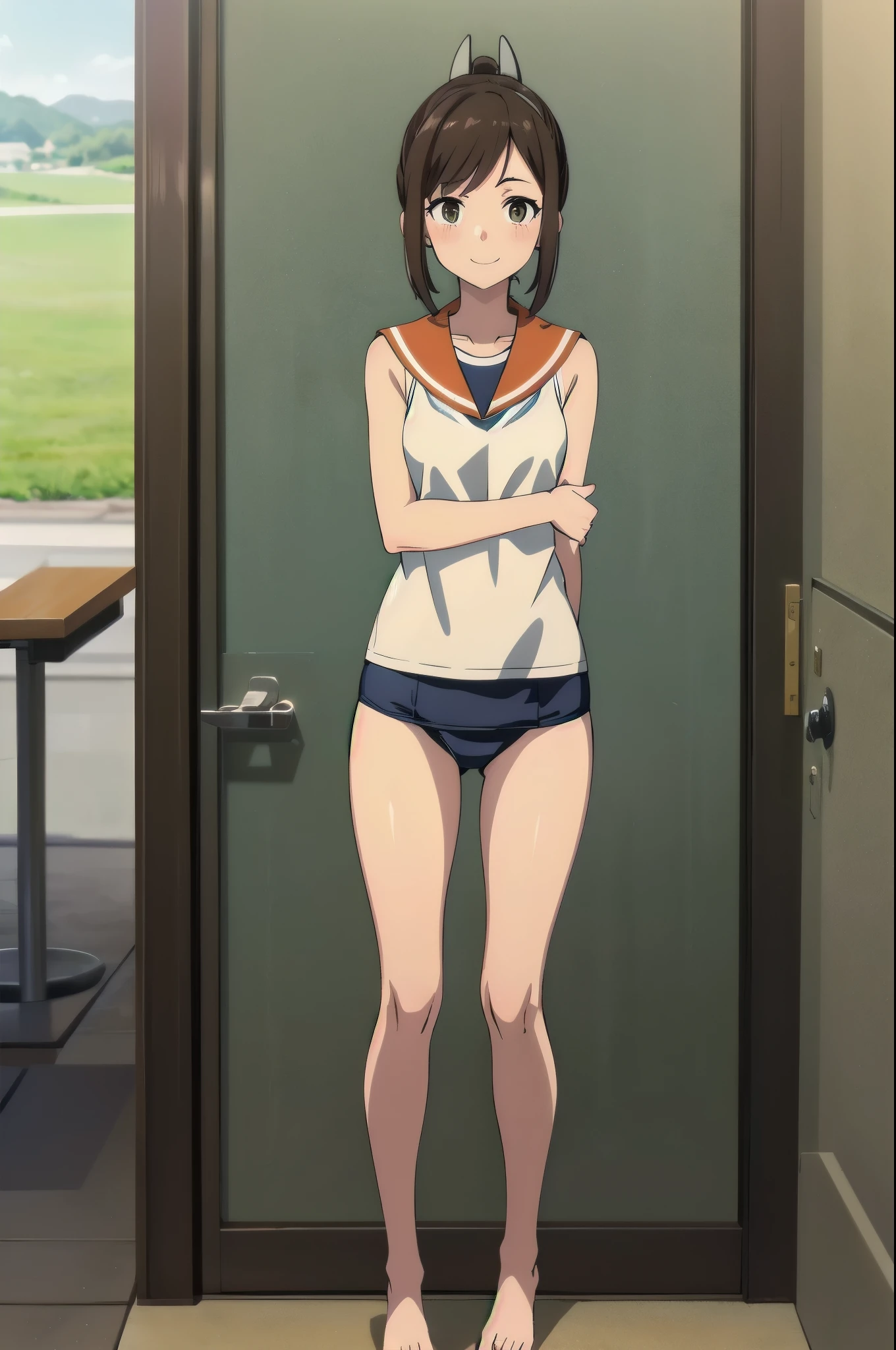 One Girl, alone, whole body, In-person audience, View your audience, smile, I401KC, Brown Hair, Short ponytail, White shirt, Sleeveless,One piece swimsuit, Bare arms, Sleeveless shirt, headgear, School Swimsuit, Sunburn, Sunburnlines, Wear a swimsuit under your clothes, Sailor shirt, Orange sailor collar