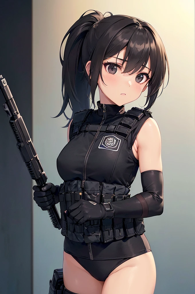 (((masterpiece; best quality: 1.2))), (finely detailed eyes: 1.3), (25 year old woman), (solo), (black eyes: 1.4), (body; lithe, fit, femenine: 1.3), (silky brown hair + ponytail: 1.3), (beautiful and clear background: 1.2), ((depth of field)), (equipment: spec ops full black tactical combat-ready gear + kevlar vest + black gloves + black baseball cap + pouches: 1.3), (anime illustration: 1.2), (background composition; military base office: 1.1), (extremely fine and beautiful: 1.1), (shot composition; standing + centered on torso + close-up: 1.5), (expression; calm, stoic: 1.2)