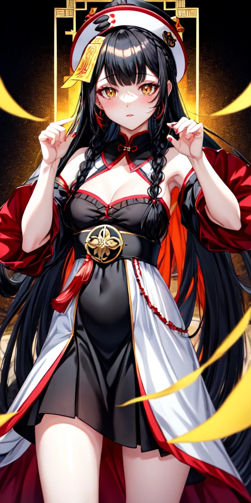 lora:flat:-1.2, masterpiece, best quality, 4k, 8k, 1 woman, solo, tall stature, long hair, blunt bangs, side braid, black hair, ugly face, bad face, bad eyes, droopy eyes, unclear eyes, ruby red eyes, lemon yellow eyes, pale skin, black eyeliner, black eye shadow, heterochromia, slender frame, sad, ofuda, jiangshi costume:1.2, fang, horror, coffin, forest, dark night, stormy weather, fog, from front, cowboy shot, look at viewer, paw pose,