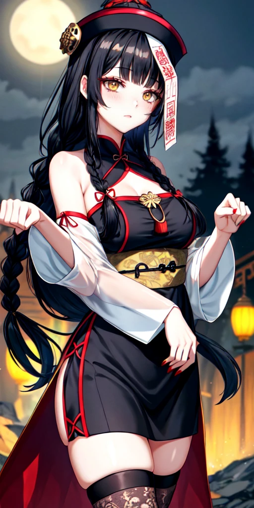 lora:flat:-1.2, masterpiece, best quality, 4k, 8k, 1 woman, solo, tall stature, long hair, blunt bangs, side braid, black hair, ugly face, bad face, bad eyes, droopy eyes, unclear eyes, ruby red eyes, lemon yellow eyes, pale skin, black eyeliner, black eye shadow, heterochromia, slender frame, sad, ofuda, jiangshi costume:1.2, fang, horror, coffin, forest, dark night, stormy weather, fog, from front, cowboy shot, look at viewer, paw pose,