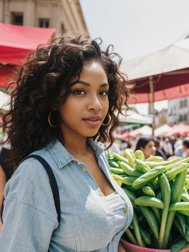 her name is Aaliyah, high quality, 1woman, ((24 year-old Black woman with large breasts: 2.1, curly hair)), ((24 years old)), Full lips, ((Detailed face, Highly Detailed Lips, brown eyes)), voluptuous body, BREAK, wearing contemporary Generation-Z wear, BACKGROUND: outdoors: "a lively marketplace on a sunny day: colorful stalls, bustling crowds, vendors selling fresh produce and handmade crafts, the aroma of street food wafting through the air—a vibrant and bustling scene", pose: walking , realistic, looking at the viewer,