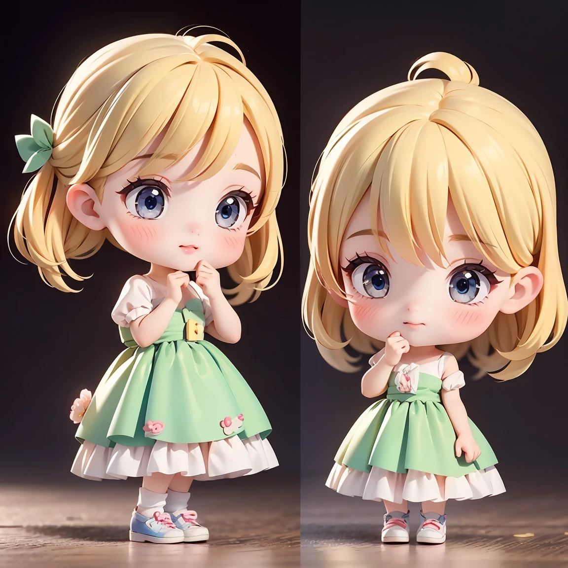 Super Chibi Character:1.8、Wearing cute shoes、background:simple、Blonde Hair、Cute 7 year old girl、Cinderella Dresses、Various expressions:1.8、Hands covering mouth pose:1.8、Looking this way