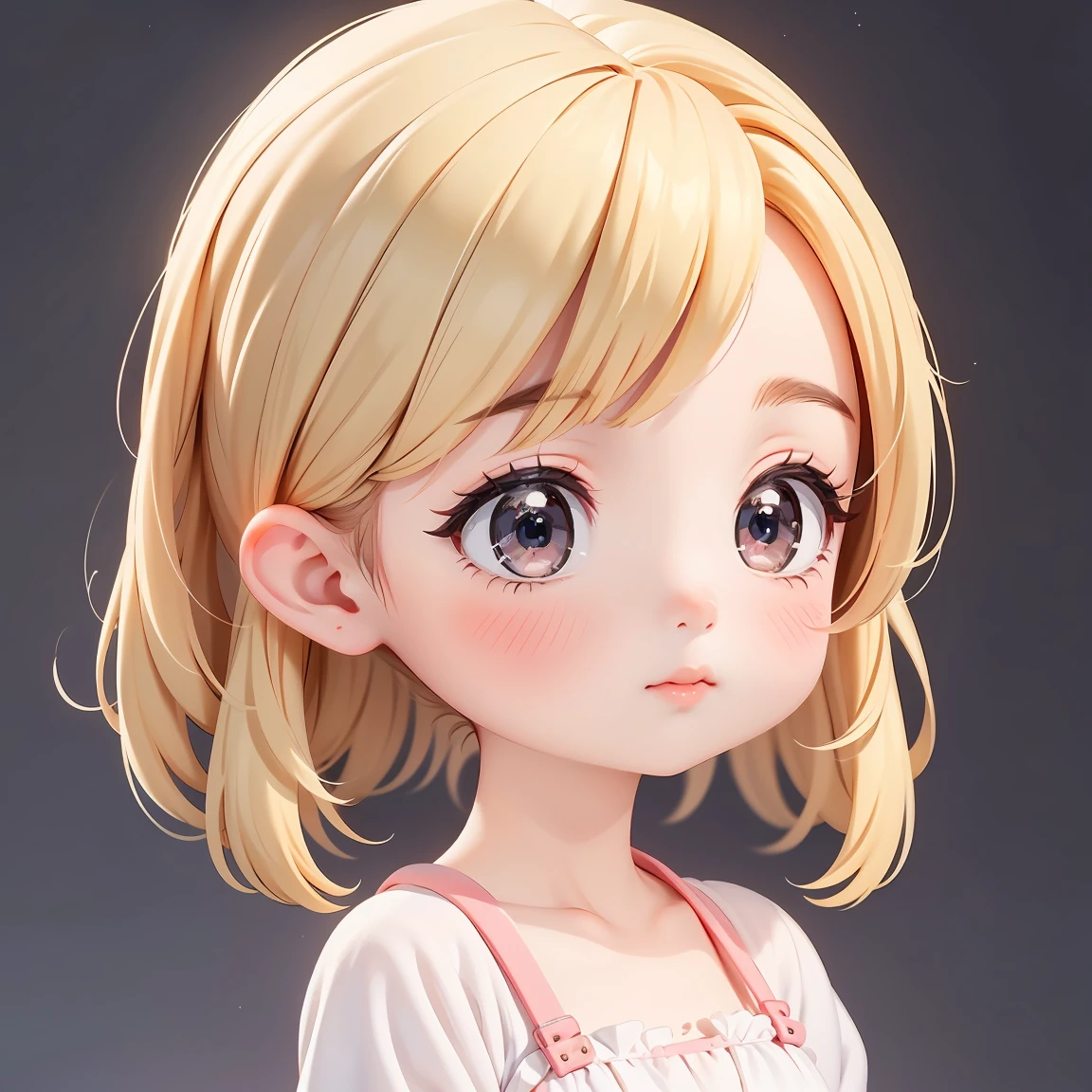 Super Chibi Character:1.8、Wearing cute shoes、background:simple、Blonde Hair、Cute 7 year old girl、Cinderella Dresses、Various expressions:1.8、Hands covering mouth pose:1.8、Looking this way