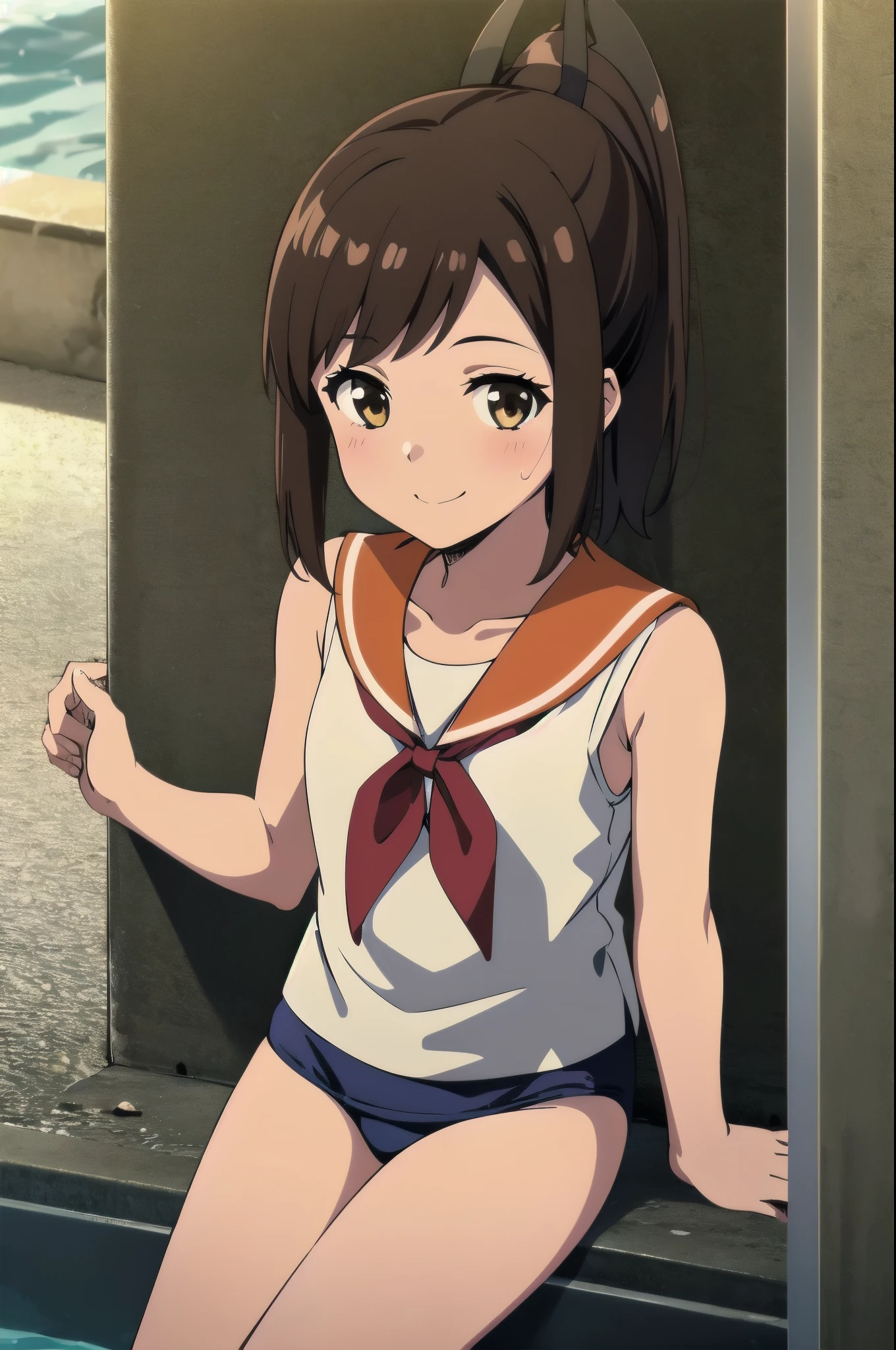 One Girl, alone, whole body, In-person audience, View your audience, smile, I401KC, Brown Hair, Short ponytail, White shirt, Sleeveless,One piece swimsuit, Bare arms, Sleeveless shirt, headgear, School Swimsuit, Sunburn, Sunburnlines, Wear a swimsuit under your clothes, Sailor shirt, Orange sailor collar