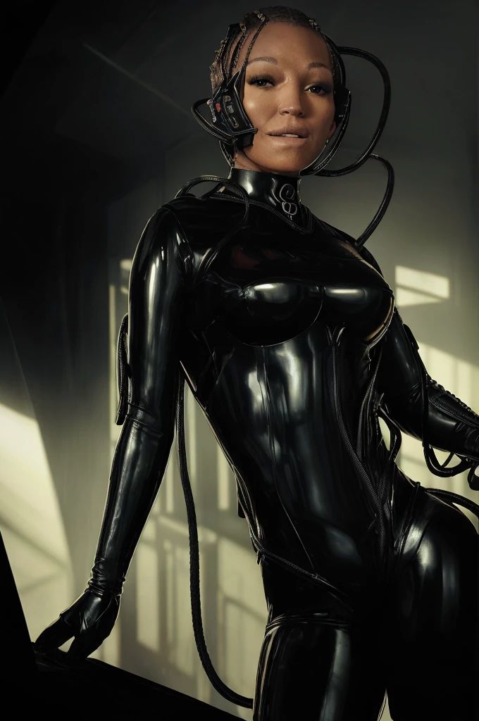 (tawny newsome:1.2), (black skin:1.2), (liquid metal girl full body
 sttldunf uniform:1.2), (Liquid Metal sttldunf uniform:1.2) being assimilated by  Borg, robotic, 
ballgag, leather catsuit, belt, lying, prisoner, (best quality,4k,8k,highres,masterpiece:1.2),ultra-detailed,(realistic,photorealistic,photo-realistic:1.37),dark moody lighting,dramatic chiaroscuro,cinematic, (portrait:1.2)