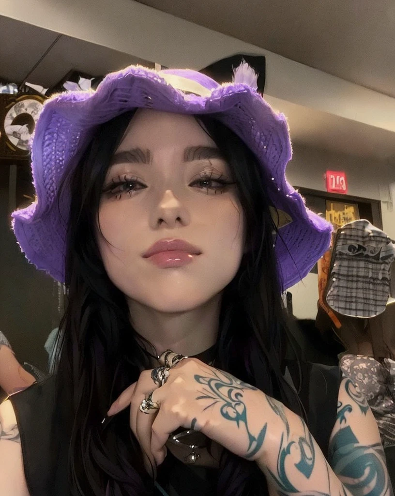 Arafed woman with a purple hat and tattoos posing for a photo., her face looks like an orchid, with a strange hat, beautiful dolphin, wearing a cute hat, wearing a choker and a cute hat, contraction serpentine, he wears a cute little hat, Ahegao, cara de Ahegao, she is wearing a hat, He wears a destroyed hat