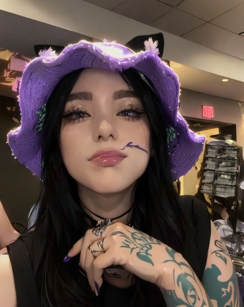 Arafed woman with a purple hat and tattoos posing for a photo., her face looks like an orchid, with a strange hat, beautiful dolphin, wearing a cute hat, wearing a choker and a cute hat, contraction serpentine, he wears a cute little hat, Ahegao, cara de Ahegao, she is wearing a hat, He wears a destroyed hat