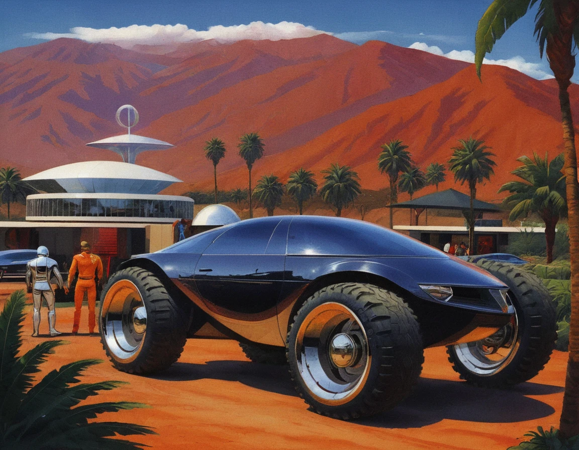 syme, retrofuturistic car, off road tires, people, mountains, palm trees, building