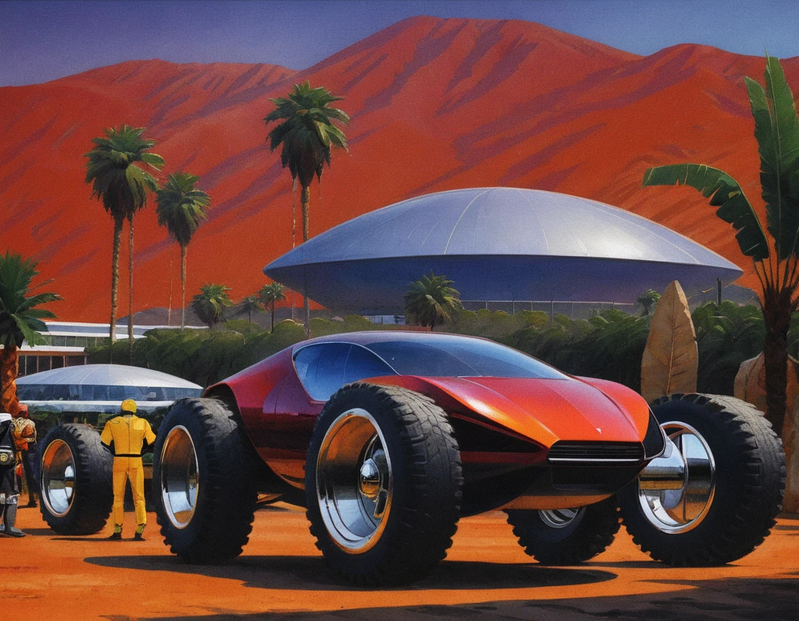 syme, retrofuturistic car, off road tires, people, mountains, palm trees, building