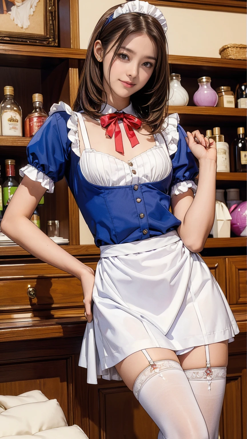 ((masterpiece)),(((Highest quality))),((Bright facial expression)), 14-year-old girl, Cute type,  The best smile:1.5，(Very slim:1.4),  (Very small ass:1.4), Realistic buttocks, Emphasize the chest，Curly Hair, Thin thighs, Long legs, It's not a big deal, ((Dress and stockings, Gorgeous maid, Maid clothes，Hair Ribbon)), Posing while serving customers at a store:1.5，
