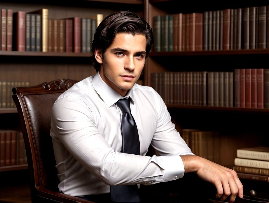 (professional man in suit), (no beard,) (gray eyes) (portrait) Handsome and sculpted face, serious appearance, facial scar across the left eye, dark brown hair, Elegant, and strong body, formal white shirt, sitting in library(Picture realistic and high quality), ((Best quality, 8k, master piece).