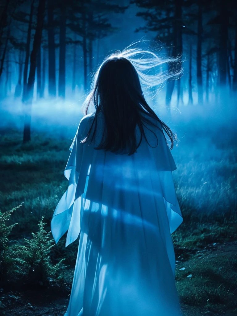 Blue Flame、ghost、Dark Forest、night、深night、Red eyes、Apparition、mysterious、lake、Foggy、turn around、spirit、Illusion、woman、turn around、Hair fluttering in the wind、Copyright circumvention、Blue light、