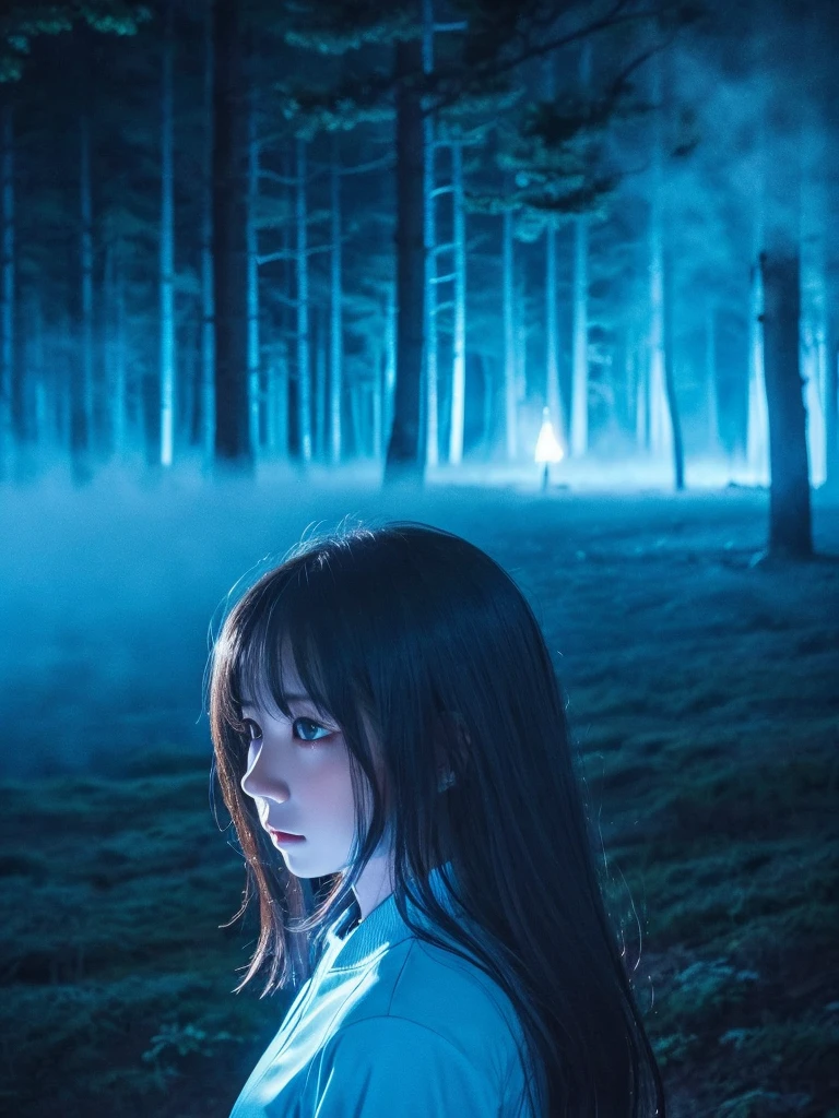 Blue Flame、ghost、Dark Forest、night、深night、Red eyes、Apparition、mysterious、lake、Foggy、turn around、spirit、Illusion、woman、turn around、Hair fluttering in the wind、Copyright circumvention、Blue light、