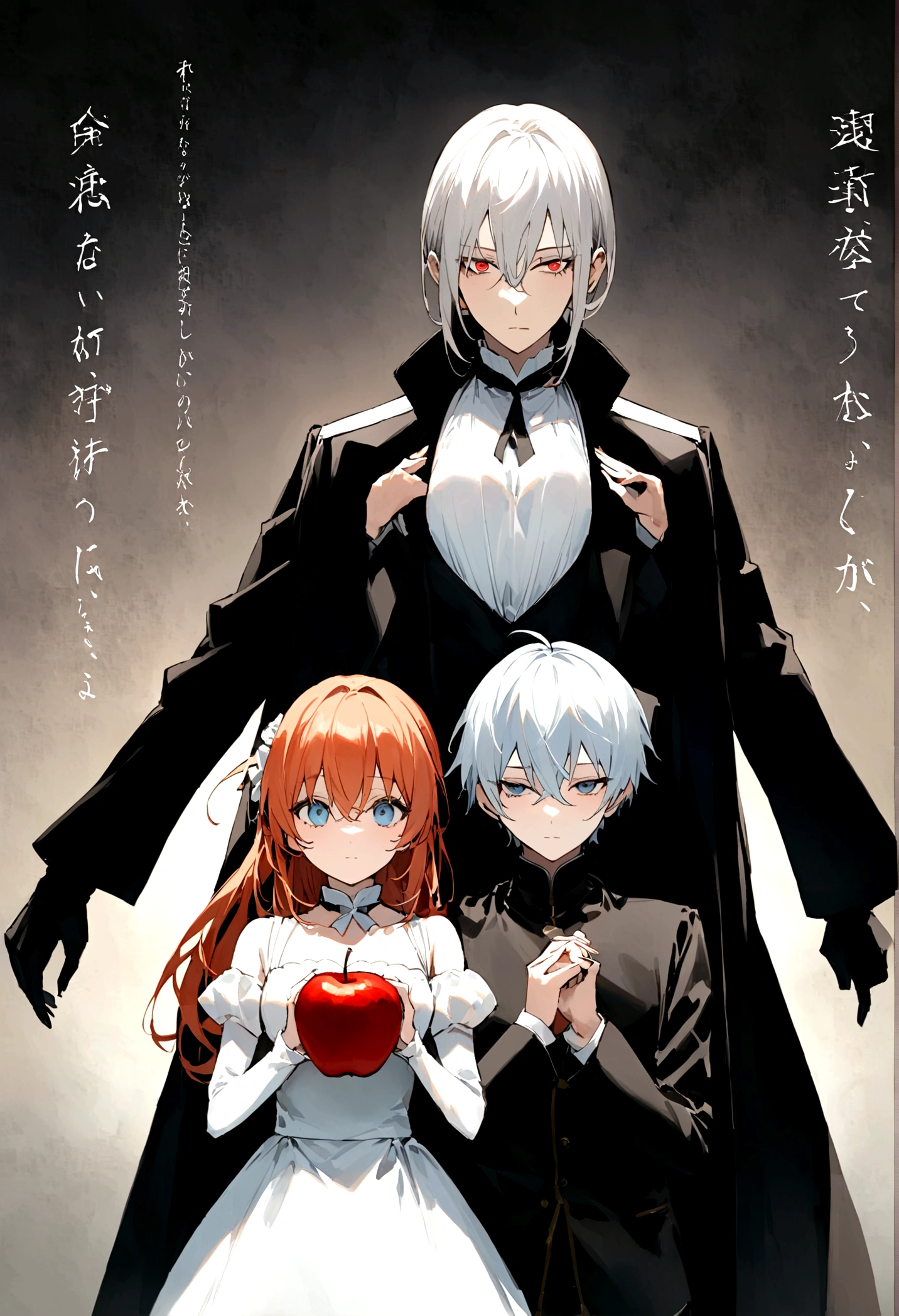 A ginger hair girl, with apple g4en eyes, she is 158cm tall and she is standing next to a man with silver hair and he has obsidian eyes, he is 183 cm tall, this is a novel cover, the novel is titled as my I became the Villain's Unexpected Bride