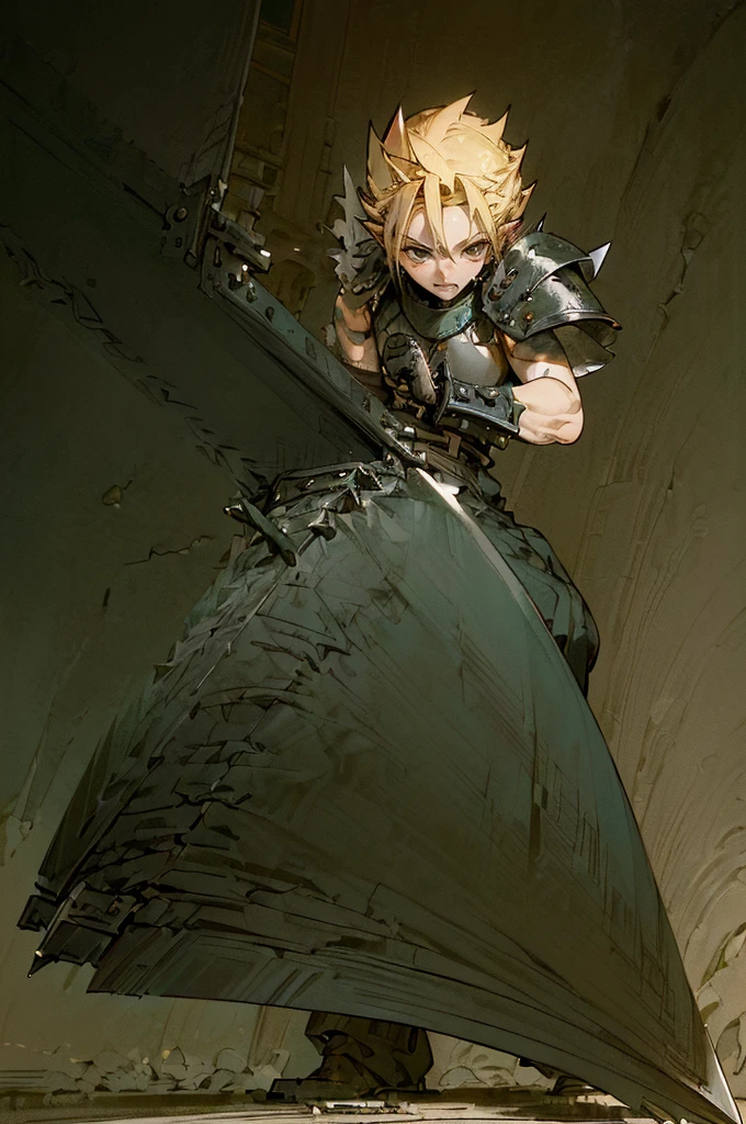 (((Masterpiece of the highest quality.))), (((medieval fantasy))), (((Extreme details))), ((medieval fantasy swordsman)), ((based on cloud strife)), (medieval punk), ((fantasy great sword)) (((ultra detailed))), (((male))), ((Alone)) ((male elf)), ((A 25 year old elf.))), (175 cm tall), ((blonde hair with spikes)), ((short spiky hair)), ((Brown eyes)), ((Exquisite and detailed face)), ((detailed expressive eyes)), ((standing)), ((Perfect eyes)), ((perfect your hands)), ((euphoric expression)), ((medieval half steel half black letter armor)), ((holding a huge greatsword in his right hand)), ((detailed great sword)), (((4k))), ((Additional quality)), (Additional details), ((exquisite eyes)), ((standing battle stance)), ((Background of the battle)), ((cinematic lighting)), (((full body character))), ((extreme care to detail)), ((movie effects)), (war zone background)