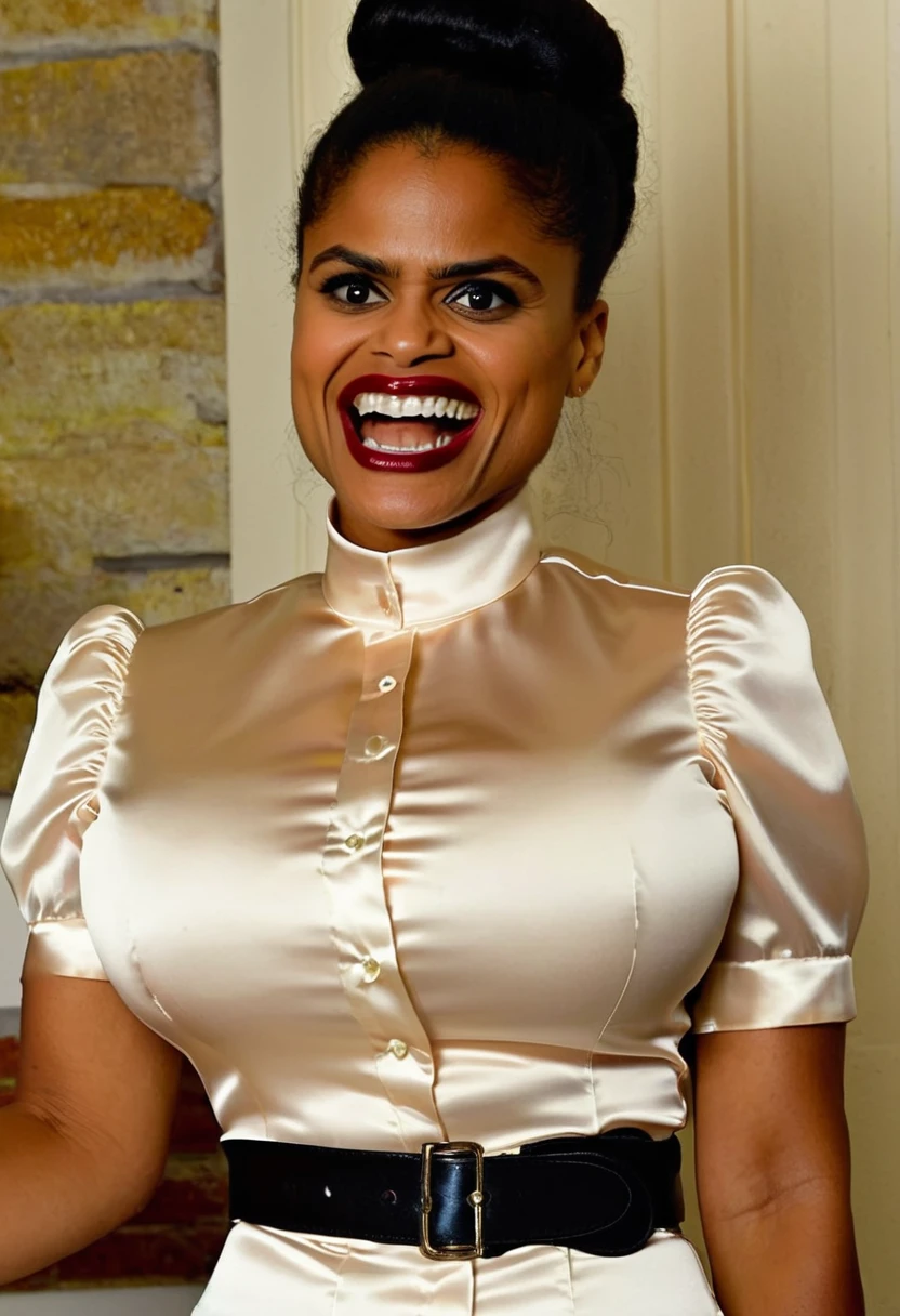 closeup shot, (muscular evil angry zazie beetz showing closed teeth with flared nostrils and furrowed brows:1.5) in a (closed satin skintight buttondown band collar blouse with large shoulder-pads and extremely tight belt:1.6), tight hairbun, silk gloves, (widened eyes), (muscular arms), subtle evil stare with flared nostrils, large shoulder-pads, (evil laugh), skintight satin pants defining her body, uptight, popped collar, stiff posture