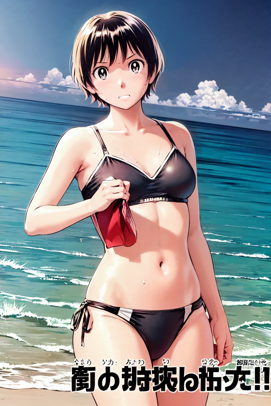 、(masterpiece、Highest quality)、Highest quality, Ultra-high resolution, (((masterpiece))), alone, Sweat、Big eyes, Composition from the front、Shortcuts、Embarrassed face、Bronze colored hair、Cut your hair short、Ocean、beach、Black Micro Bikini、belly button、short hair
