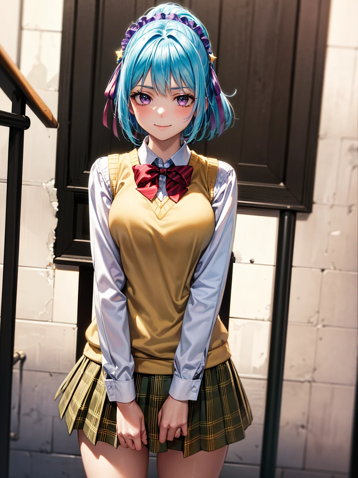 Very detailed, highest quality, masterpiece, gravure body type, medium breasts, moody angle, cowboy shot,( 1girl, solo:1.5),  smile, kurumu, purple eyes, blue hair, short hair, ponytail, yellow sweater vest, white shirt,green plaid skirt, red bow, necktie, purple headdress, star \(symbol\), purple hair ribbon, very detailed background, outdoors, outdoors, nature, wind, School zone