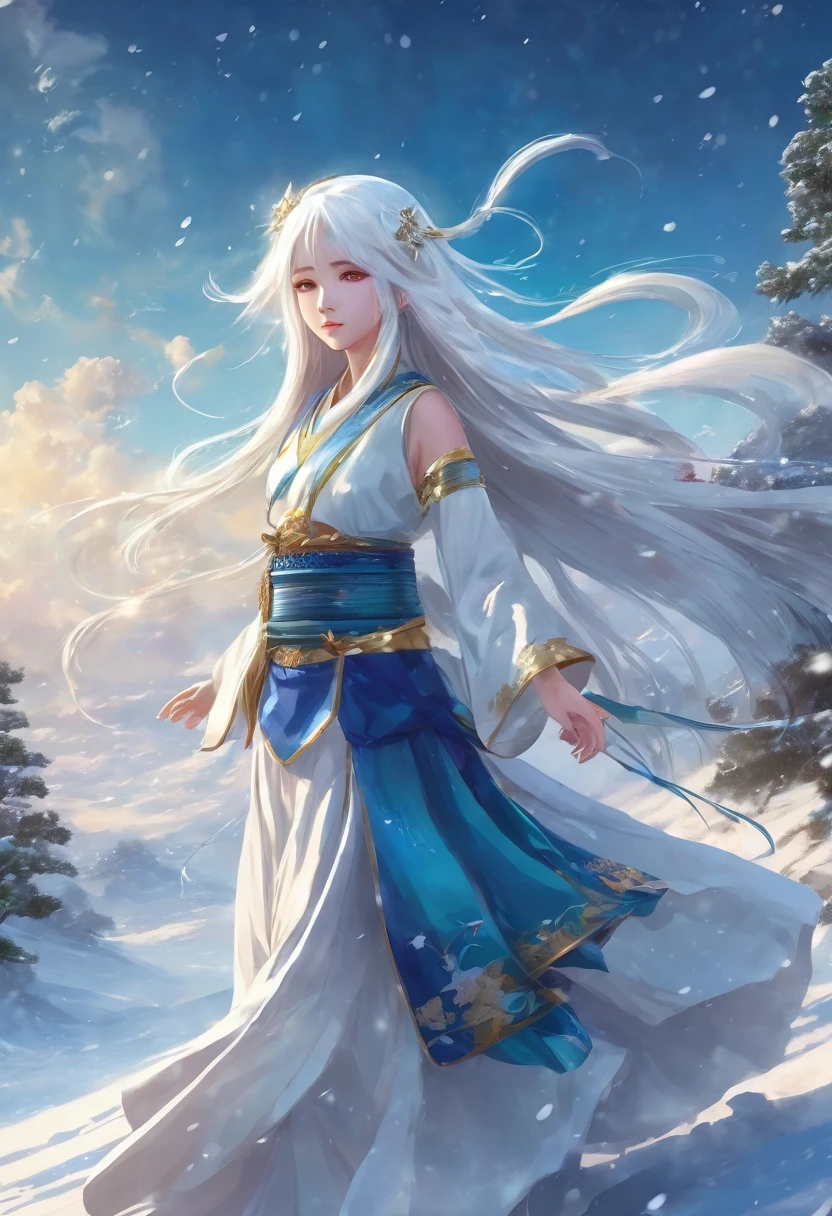 Japanese.beautiful girl.11 years old.Flat chest,Anime girl with long white hair and blue dress in the snow, White-haired God, White hair floating in the air, Anime fantasy illustration, Flowing white hair, Beautiful young wind spirit, Beautiful fantasy anime, Shiny, flowing hair, Ethereal Anime, Beautiful anime art, Beautiful digital art, Anime fantasy artwork, ((Beautiful Fantasy Empress)), 2. 5 d cgi Anime fantasy artwork