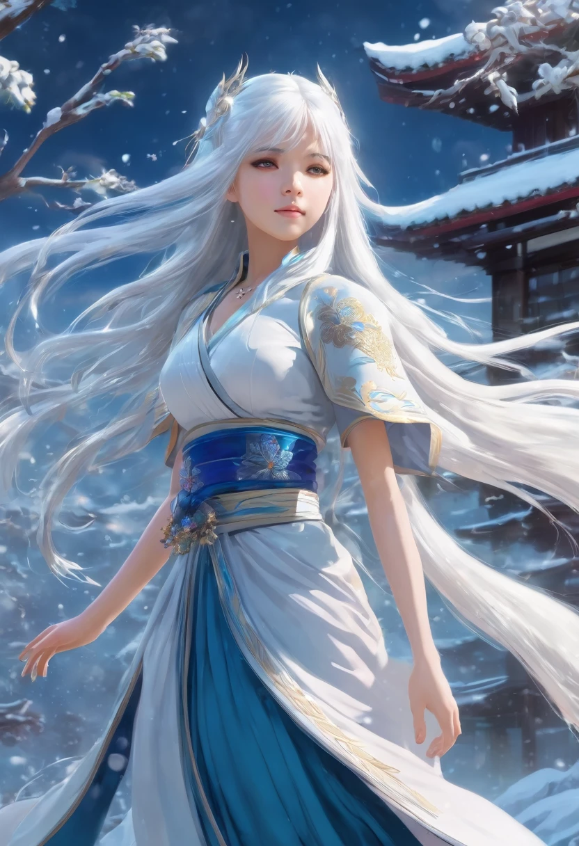 Japanese.beautiful girl.11 years old.Flat chest,Anime girl with long white hair and blue dress in the snow, White-haired God, White hair floating in the air, Anime fantasy illustration, Flowing white hair, Beautiful young wind spirit, Beautiful fantasy anime, Shiny, flowing hair, Ethereal Anime, Beautiful anime art, Beautiful digital art, Anime fantasy artwork, ((Beautiful Fantasy Empress)), 2. 5 d cgi Anime fantasy artwork