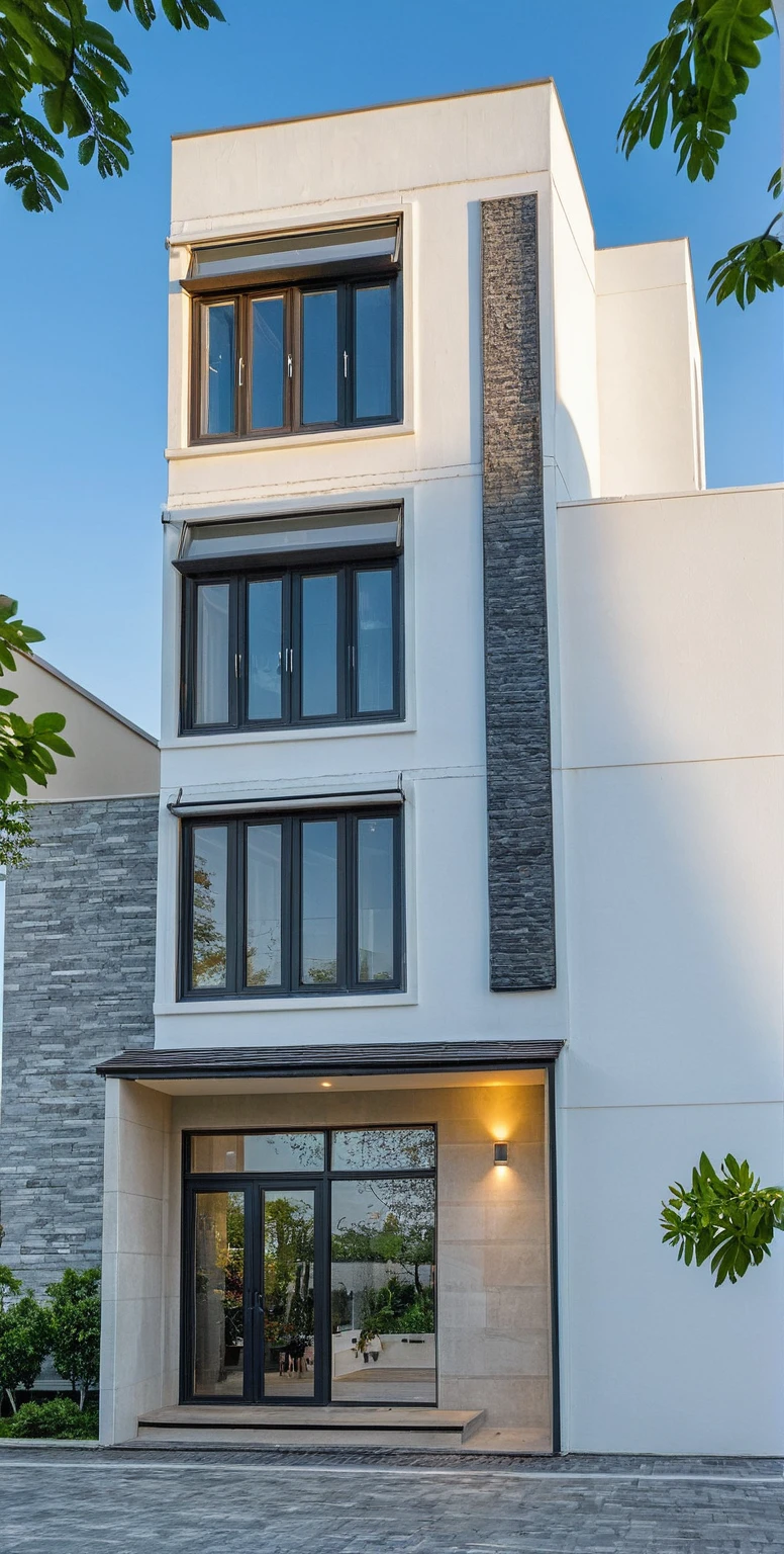 Raw photo, great product, high quality, best quality, authentic, super detailed, outdoor, 2-storey house, modern townhouse style, (white wall), Gray stone fence, painted curved wall white, Curved wall facade, aluminum glass door interior, white painted curved planter, gray tiled wall, gray iron box outer gate, road, sidewalk, grass, trees, sky, clouds, (daylight):1.1)
