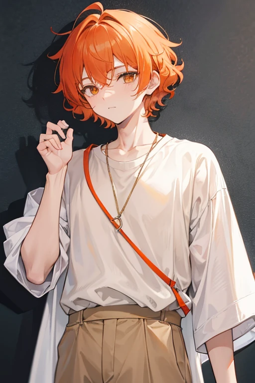 fool, a kind-hearted blind young man, 180 cm tall, short curly orange hair, completely blind, wears a white oversized shirt and beige trousers.