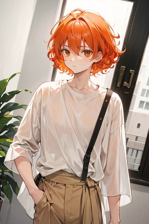 fool, a kind-hearted blind young man, 180 cm tall, short curly orange hair, completely blind, wears a white oversized shirt and beige trousers.