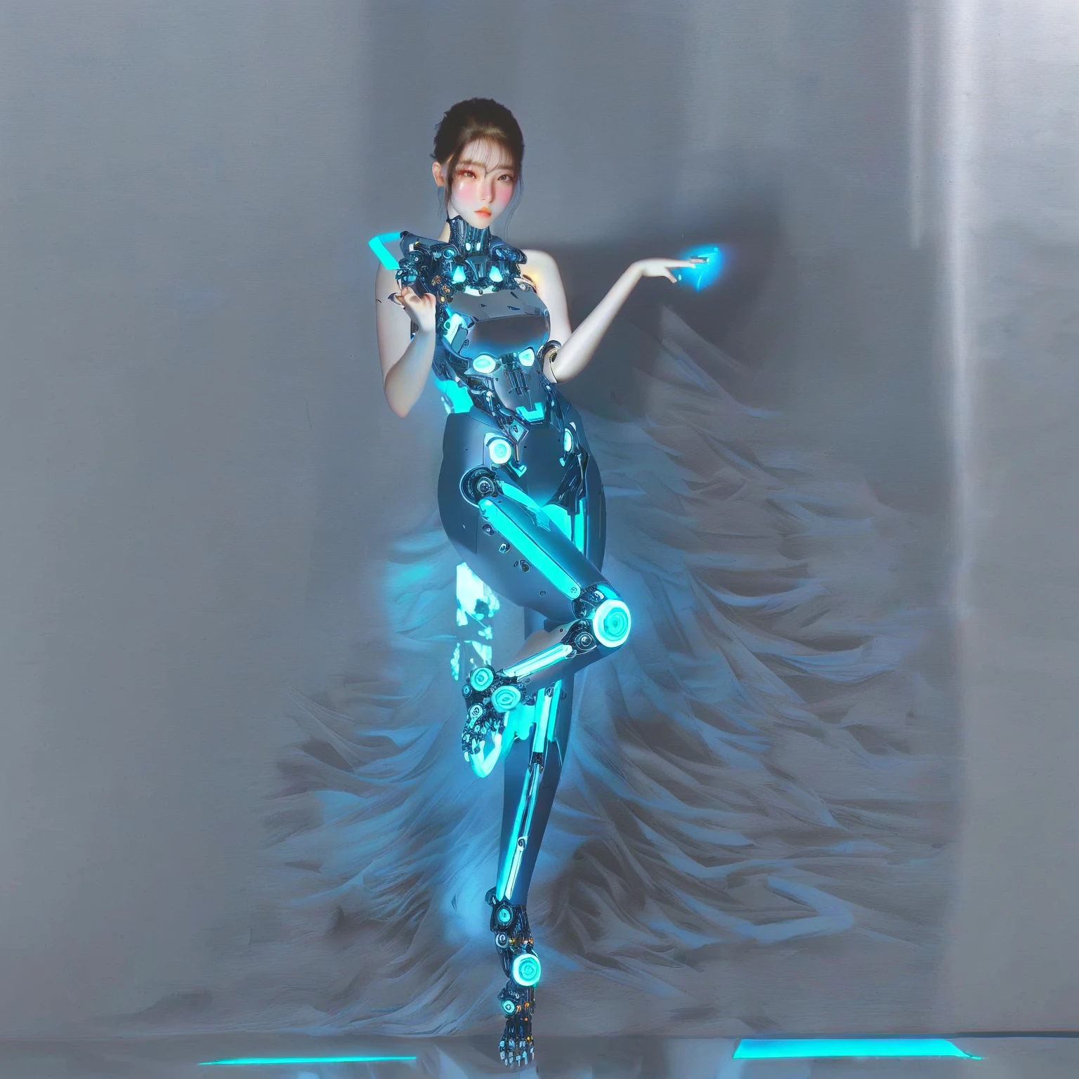 best quality, 1080P, Masterpiece, Ultra high resolution, realistic, ultra realism, Realistic skin texture, Extreme skin detail, DSLR, Detailed eyes, Double eyelids, very beautiful face, Concise facial structure, Gorgeous Asian woman, Pale skin, Realistic skin texture, Extreme skin detail, oc render reflection textures, Realistic light and shadow, Single picture, alone, Age 20, Height 165, naked girl, nude, no underwear, {{A girl with the body of a mechanical robot., The mechanical cervix is attached to the neck., beautiful breasts, White mechanical shoulder armor on both sides., elbow with mechanical joint, White mechanical hip armor on both sides with a circular blue neon light in the middle., flat stomach, perfect robot arm, perfect robot legs, Balanced slender body,full body view, Whole body photo.}}