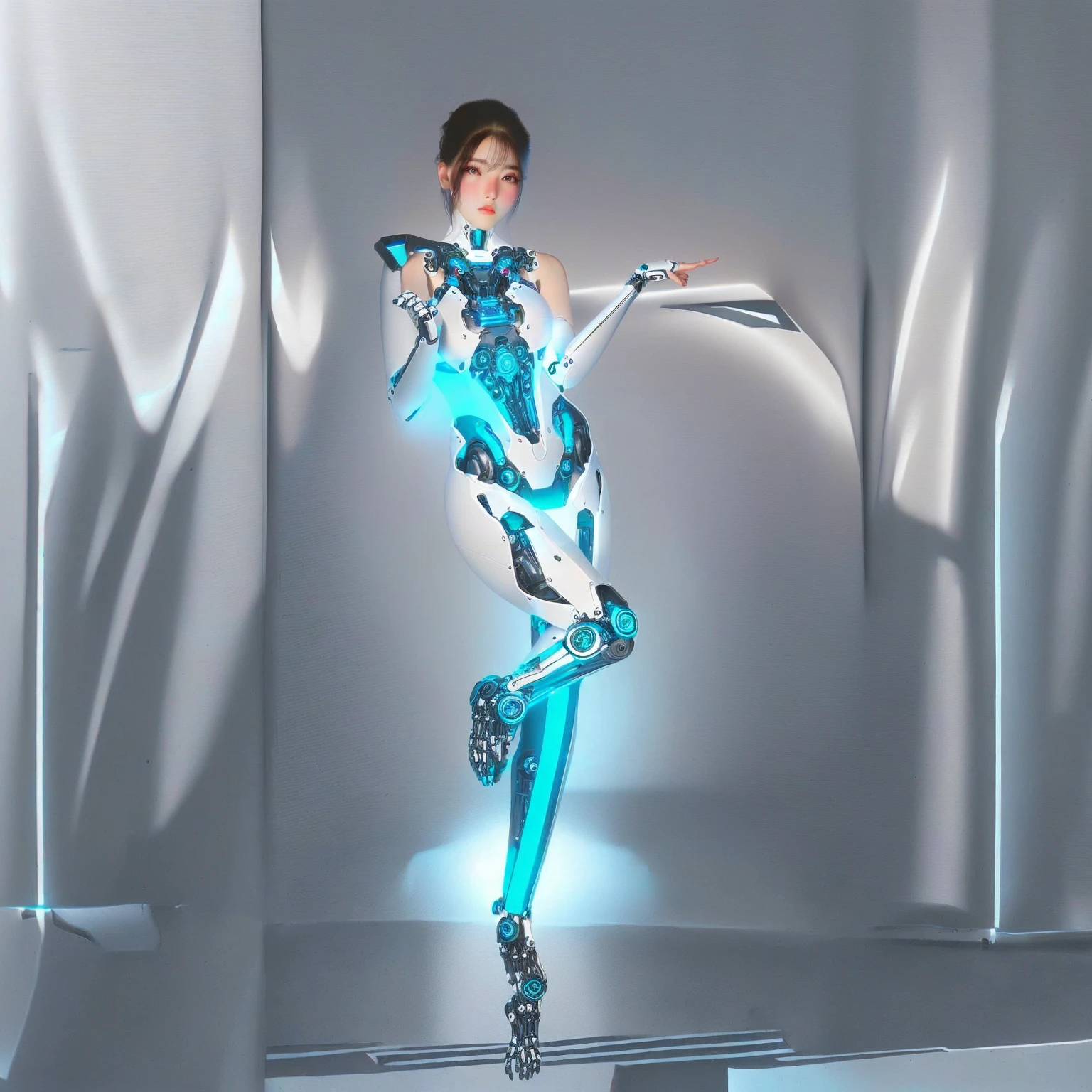best quality, 1080P, Masterpiece, Ultra high resolution, realistic, ultra realism, Realistic skin texture, Extreme skin detail, DSLR, Detailed eyes, Double eyelids, very beautiful face, Concise facial structure, Gorgeous Asian woman, Pale skin, Realistic skin texture, Extreme skin detail, oc render reflection textures, Realistic light and shadow, Single picture, alone, Age 20, Height 165, naked girl, nude, no underwear, {{A girl with the body of a mechanical robot., The mechanical cervix is attached to the neck., beautiful breasts, White mechanical shoulder armor on both sides., elbow with mechanical joint, White mechanical hip armor on both sides with a circular blue neon light in the middle., flat stomach, perfect robot arm, perfect robot legs, Balanced slender body,full body view, Whole body photo.}}