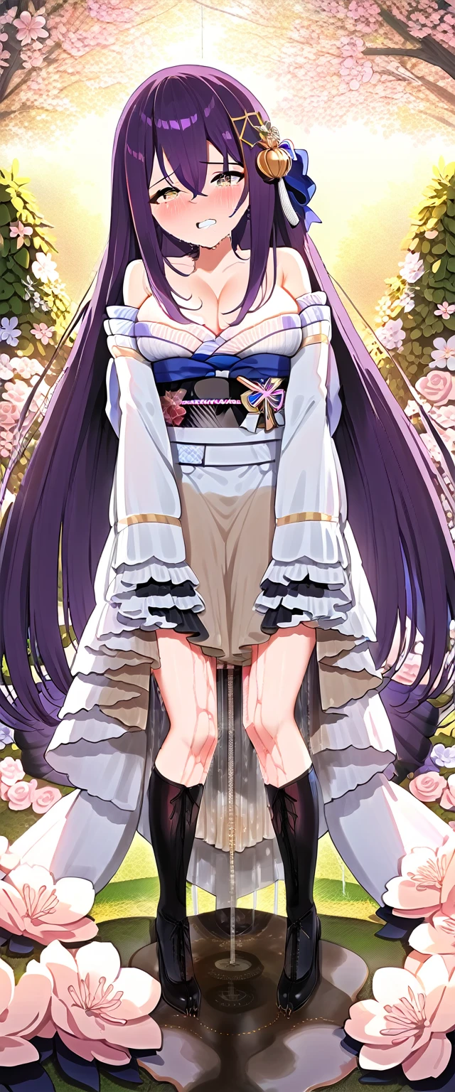 (masterpiece:1.37), best quality, (extremely detailed:1.37), (1girl:1.5), woman, (mature:1.5), (adult:1.5), large breasts, very long hair, (straight hair:1.5), (very dark purple hair:1.5), purple eyes, (extremely detailed eyes:1.37), (furisode:2.0), desperation, (wetting self:3.0), standing, embarrassed, humiliation, blushing, angry, cherry blossoms, garden, (golden hour:1.5), full body