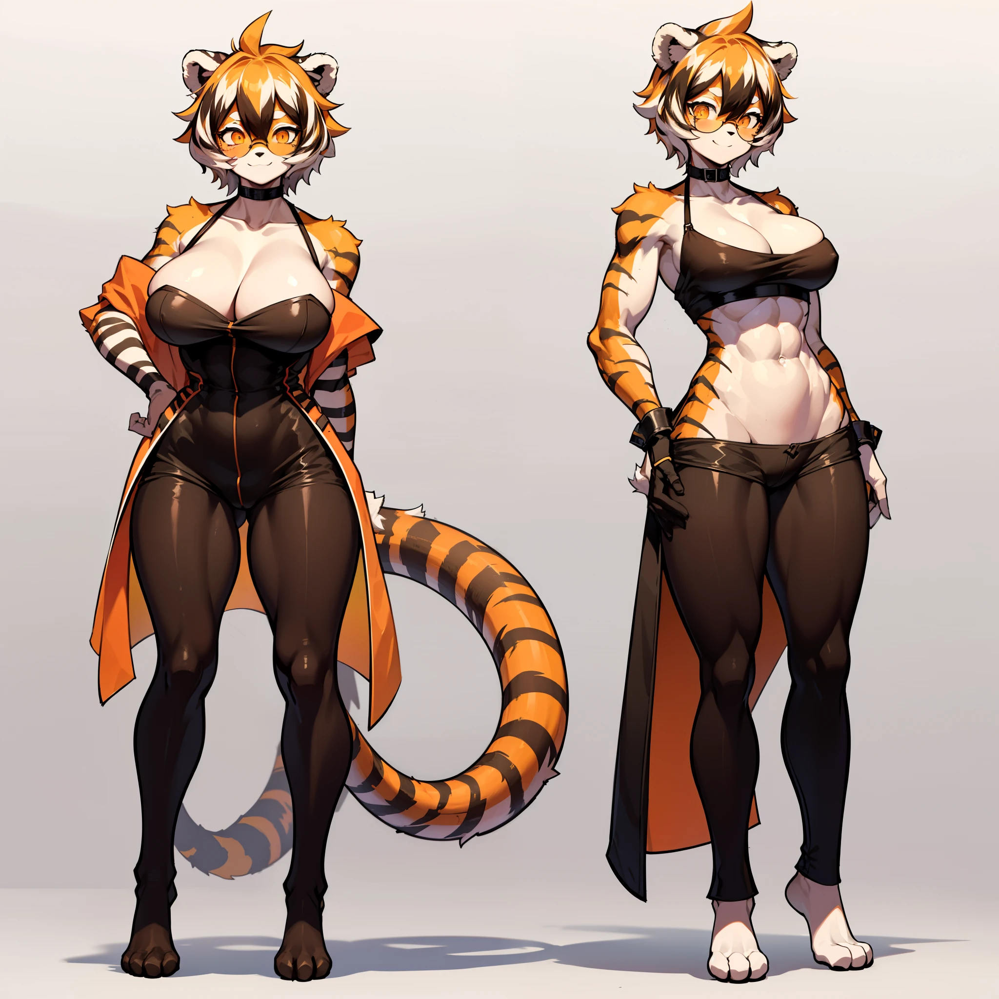 white background, full body, ((furry female:1.2)), Standing, animal ears, white hair, black hair, round eyewear,  short hair, large , muscle, tail, orange eyes, orange hair, multicolored hair, tiger girl, hair between eyes, tiger_ears, tiger_tail, orange-tinted_eyewear, tinted_eyewear, big bresmile, Shadows under feet, Abdominal muscles, (((Hooker outfit:1.2)x interaction