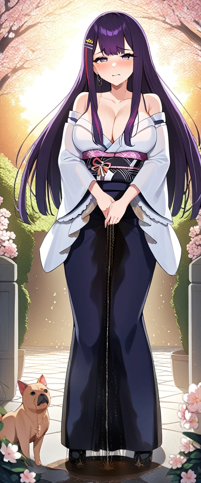 (masterpiece:1.37), best quality, (extremely detailed:1.37), (1girl:1.5), woman, (mature:1.5), (adult:1.5), large breasts, very long hair, (straight hair:1.5), (very dark purple hair:1.5), purple eyes, (extremely detailed eyes:1.37), (furisode:2.0), desperation, (wetting self:2.5), standing, embarrassed, humiliation, blushing, angry, cherry blossoms, garden, (golden hour:1.5), full body