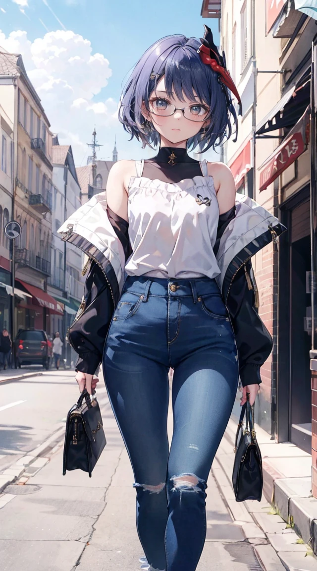 Kujou Sara|genshin impact, masterpiece, bestquality,3 girl,young girl, Long Jeans,  Wear glasses, purple hair color, long hair in a ponytail,,,,,,,,,,,,,,,,,,,,,,,,unstable _Front,oily shiny skin,flat chest,nice leg line:1.3,thick thighs, thin-waist,, red_streaks_light_wrap_dress, white_platform_sneakers, woven_El_bag, straw_headgear, gold_hoop_earrings, jacket, In a 19th century French town, long jeans city scenery,looking at the audience,From Top:1.2,dynamic angle