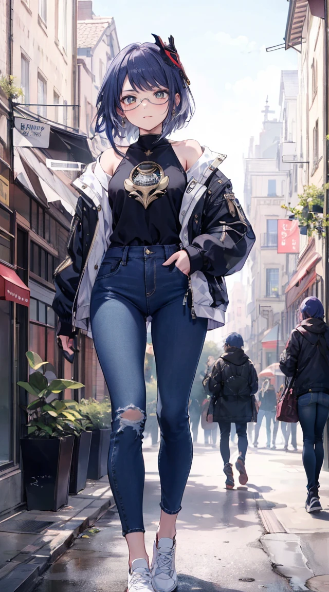 Kujou Sara|genshin impact, masterpiece, bestquality,3 girl,young girl, Long Jeans, Wear glasses, purple hair color, long hair in a ponytail,,,,,,,,,,,,,,,,,,,,,,,,unstable _Front,oily shiny skin,flat chest,nice leg line:1.3,thick thighs, thin-waist,, red_streaks_light_wrap_dress, white_platform_sneakers, woven_El_bag, straw_headgear, gold_hoop_earrings, jacket, In a 19th century French town, long jeans city scenery,looking at the audience,From Top:1.2,dynamic angle