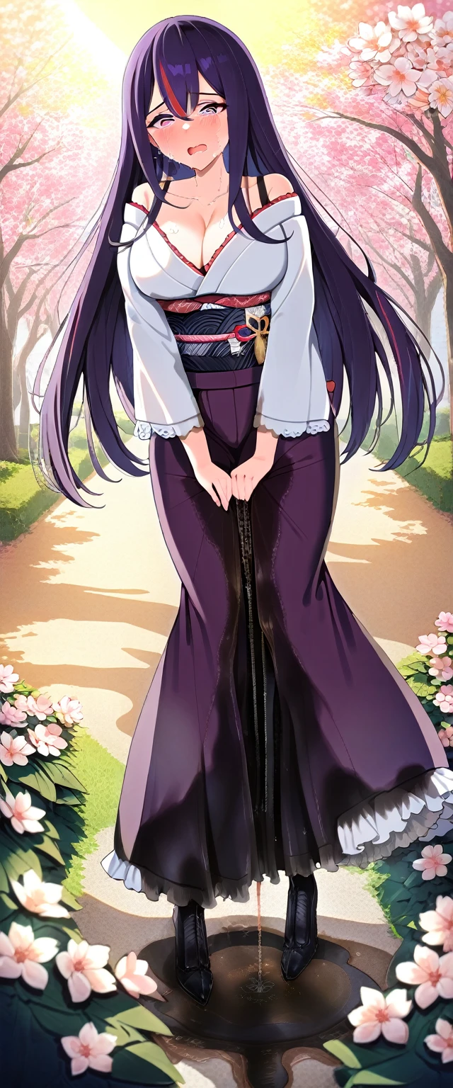 (masterpiece:1.37), best quality, (extremely detailed:1.37), (1girl:1.5), woman, (mature:1.5), (adult:1.5), large breasts, very long hair, (straight hair:1.5), (very dark purple hair:1.5), purple eyes, (extremely detailed eyes:1.37), (furisode:2.0), desperation, (wetting self:2.75), standing, embarrassed, humiliation, blushing, angry, cherry blossoms, garden, (golden hour:1.5), full body
