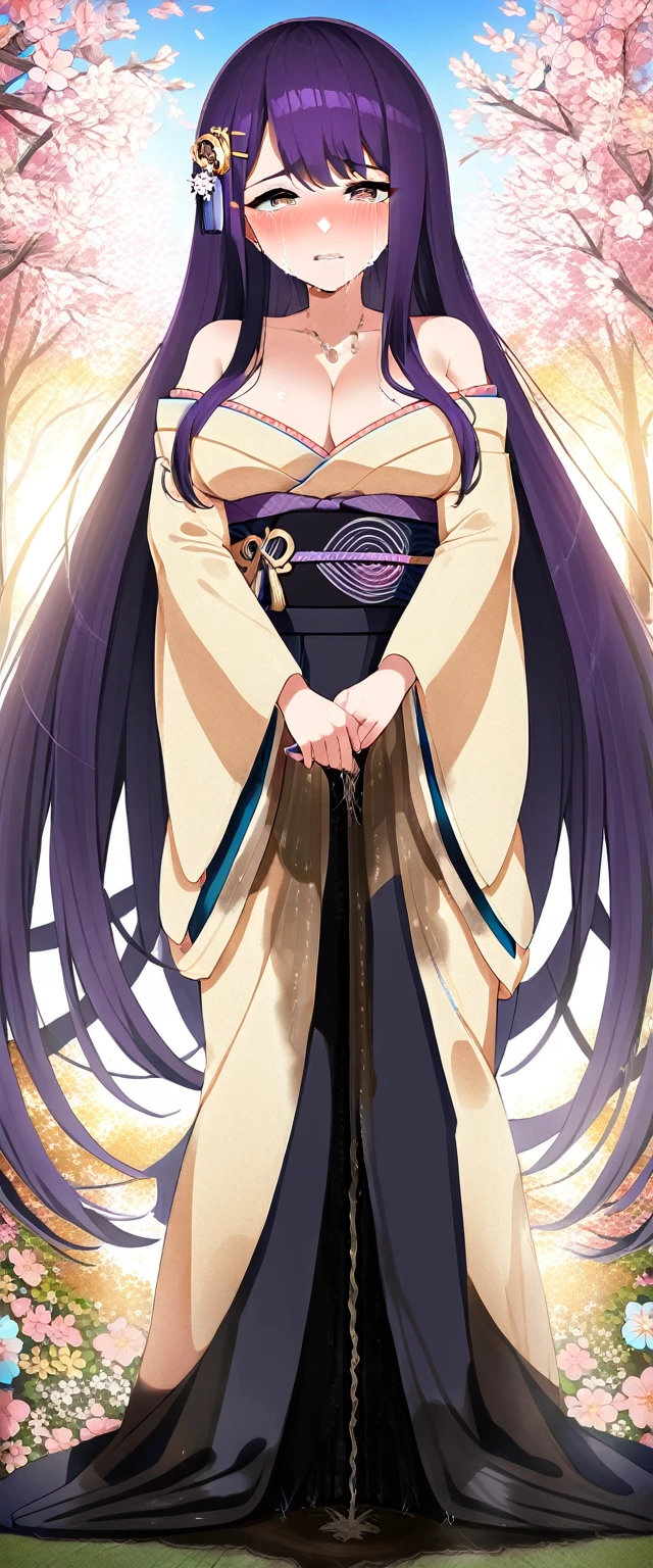 (masterpiece:1.37), best quality, (extremely detailed:1.37), (1girl:1.5), woman, (mature:1.5), (adult:1.5), large breasts, very long hair, (straight hair:1.5), (very dark purple hair:1.5), purple eyes, (extremely detailed eyes:1.37), (furisode:2.0), desperation, (wetting self:2.75), standing, embarrassed, humiliation, blushing, angry, cherry blossoms, garden, (golden hour:1.5), full body